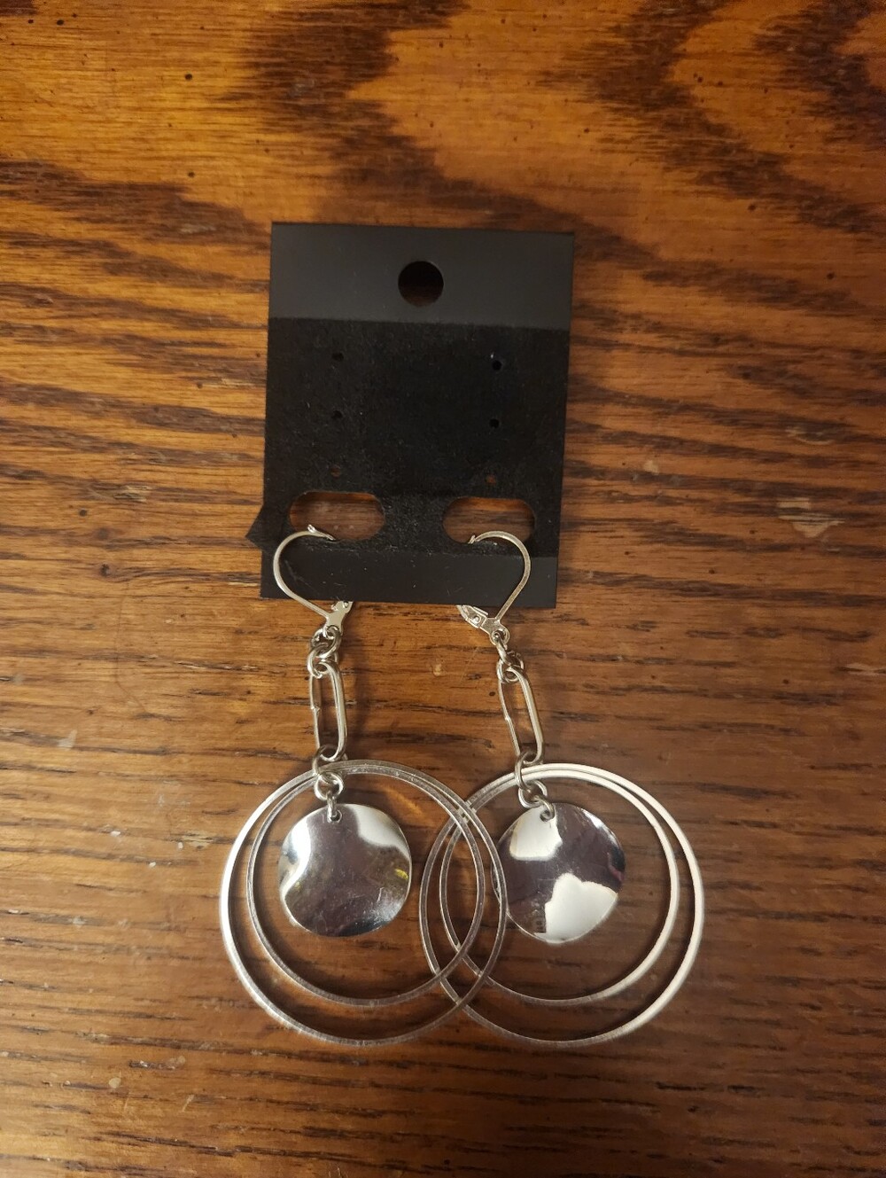 Source Unknown Silver Double Hoop Drop Earrings with Disc